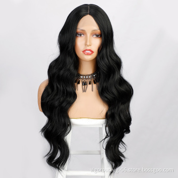 Vigorous 26inch Black Color Deep Wave Lace Front Synthetic Wigs For Black Women Natural Long Wavy Cosplay Synthetic Hair Wigs